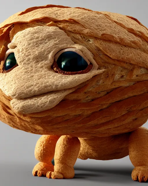 Prompt: detailed creature made of bread, very original, cute and friendly, fantasy house, sitting on the table, high quality, perfect, 8 k high detail, masterpiece, trending on artstation