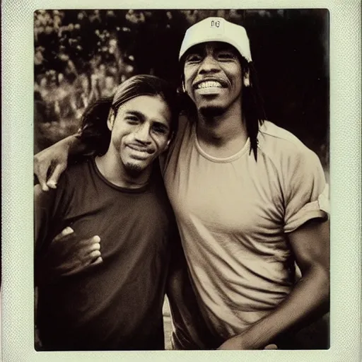 Image similar to polaroid picture, sepia, ronaldinho gaucho hugs manu chao in a paraguayan prison, perfect face, symmetrical face, fine details, day setting, ethereal, trending on artstation