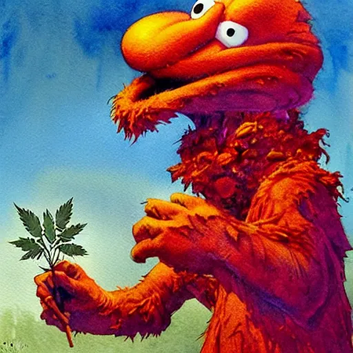 Prompt: a realistic and atmospheric watercolour fantasy character concept art portrait of elmo with pink eyes smoking a huge blunt looking at the camera with a pot leaf nearby by rebecca guay, michael kaluta, charles vess and jean moebius giraud