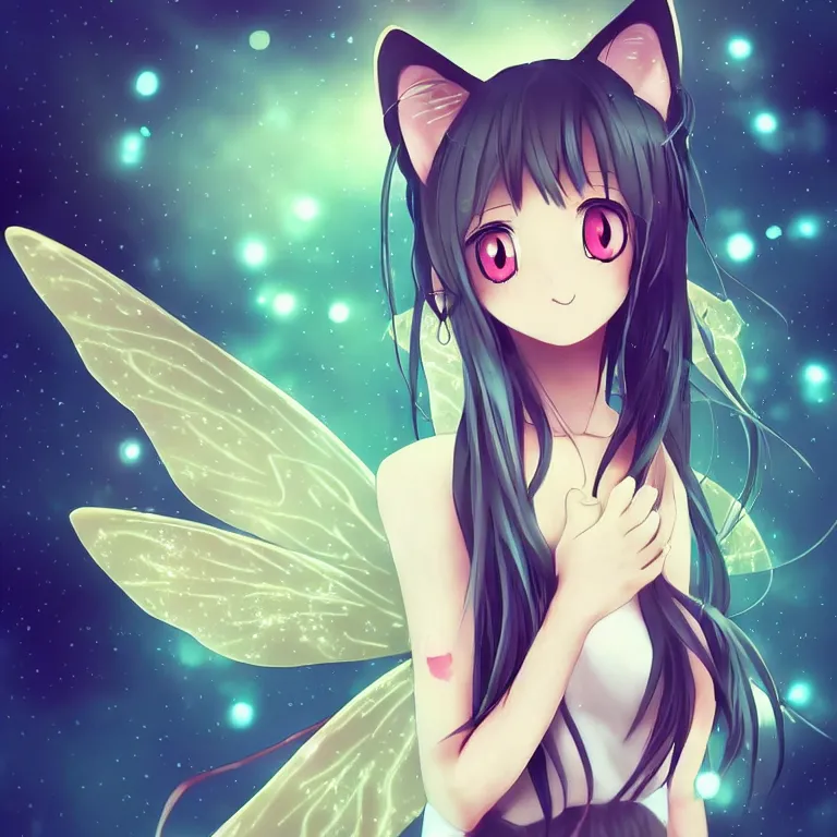 Image similar to cute, full body, female, anime style, a cat girl with fairy wings, large eyes, beautiful lighting, melancholy, sharp focus, simple background, creative, heart effects, filters applied, illustration