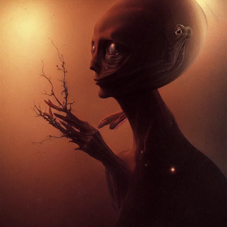 Image similar to beautiful portrait of alien witch by hieronymus bosch, soft grainy bloom lucid dream - like atmosphere, harsh flash photo, baroque portrait painting, perfect composition, detailed octane render trending on artstation, 8 k artistic photography, volumetric cinematic perfect light, chiaroscuro, masterpiece, raphael, caravaggio, beksinski, rutkowski, beeple