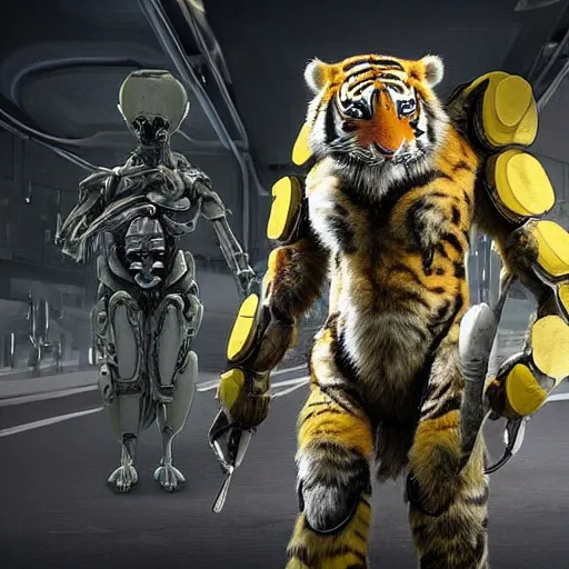 Image similar to full body still of a humanoid with tiger-like features, yellow eyes, teeth that protrude past the lower lip and fine grayish fur on their faces and backs of their hands wearing futuristic alien armor and carrying weapons, octane,