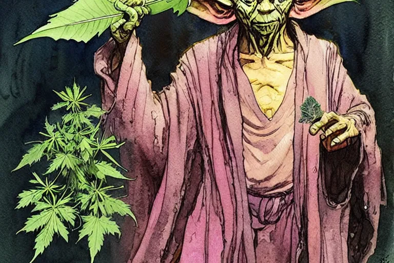 Prompt: a realistic and atmospheric watercolour fantasy character concept art portrait of yoda with pink eyes looking confused holding a blunt with a pot leaf nearby, by rebecca guay, michael kaluta, charles vess and jean moebius giraud