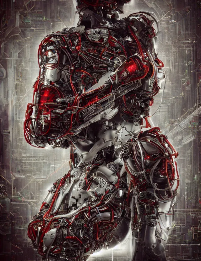 Image similar to cyborg in the data center, wired to the equipmen, red biomechanical details, wearing epic bionic cyborg implants, inflateble shapes, masterpiece, intricate, biopunk, highly detailed, artstation, concept art, cottage core, cinematic focus, polaroid photo, bleached, vintage, high - key lighting, soft lights, foggy, by tarkovsky, 8 k