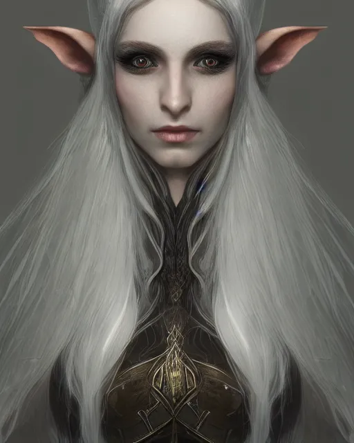 Image similar to portrait of a beautiful female elf with shimmering hair, symmetrical face and eyes, cgsociety, Elden Ring, Dark Souls, Bloodborne