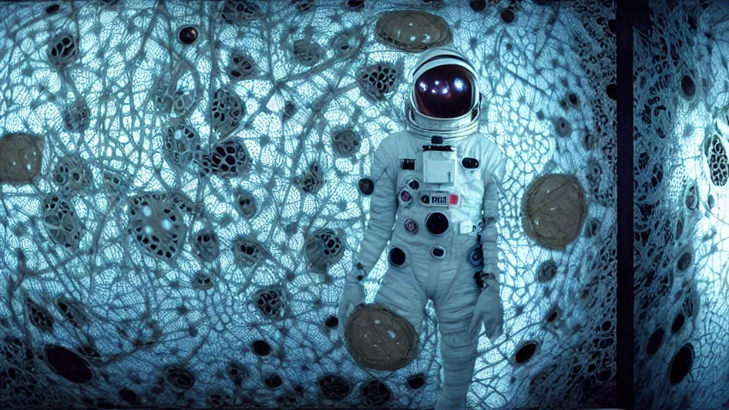 Prompt: a single astronaut eva suit covered in diamond 3d fractal lace iridescent bubble 3d skin and covered with insectoid compound eye camera lenses floats through the living room, film still from the movie directed by Denis Villeneuve with art direction by Salvador Dalí, wide lens,