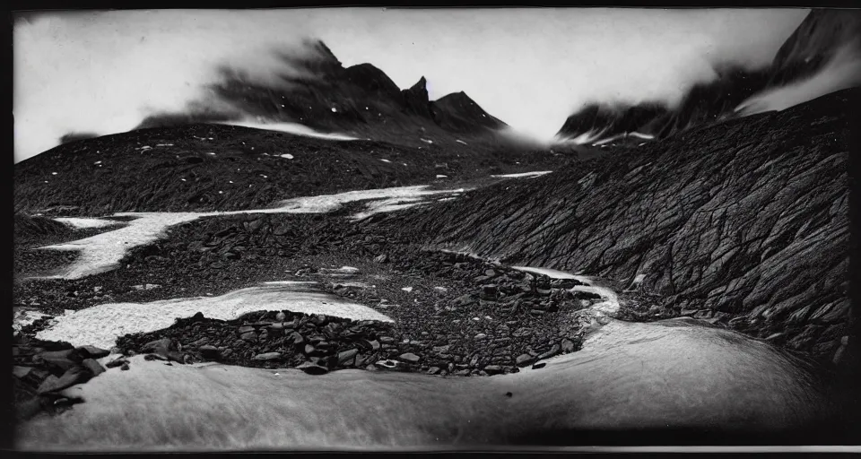 Prompt: a wet plate photograph, glaciers melting in Greenland