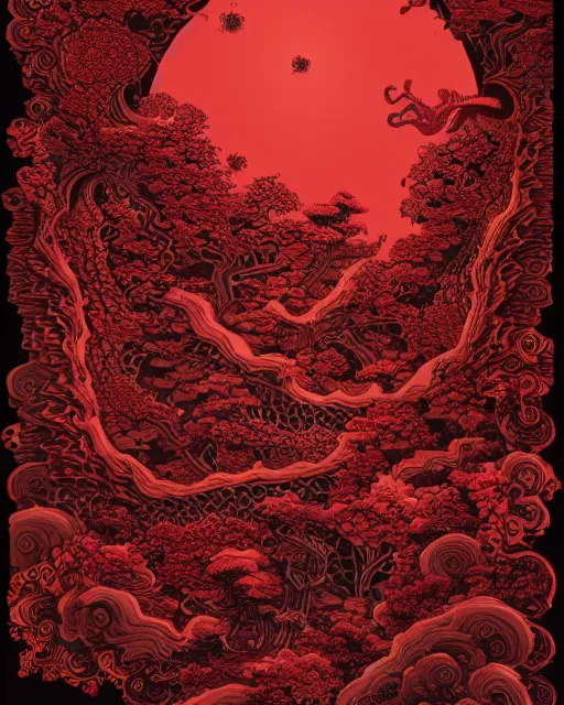 Prompt: Dark red paper with intricate designs,tarot card ,a mandelbulb fractal southeast asian buddha statue,full of golden layers, flowers, cloud, vines, mushrooms, swirles, curves, wave,by Hokusai and Mike Mignola, trending on artstation,elaborate dark red ink illustration