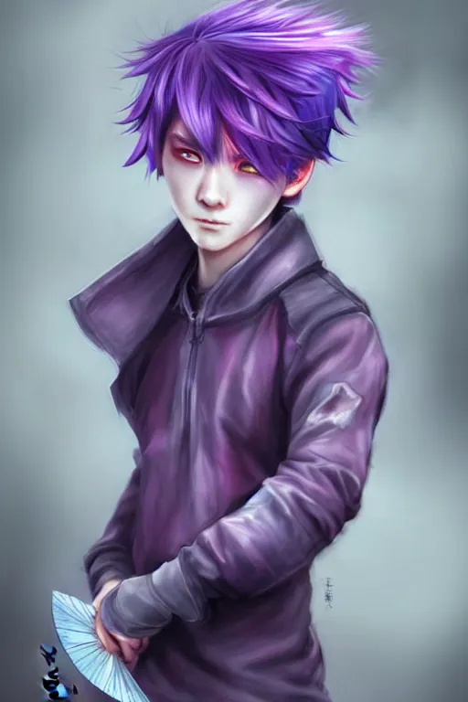 Image similar to gorgeous!!! hyper - realistic teenager boy with purple hair, purple eyes with red eye markets, wearing combat japanese clothes, holding a fan | drawn by wlop, drawn by jeehyung lee, drawn by artgerm | intricate, highly detailed, digital painting, character design, concept art, illustration, artstation