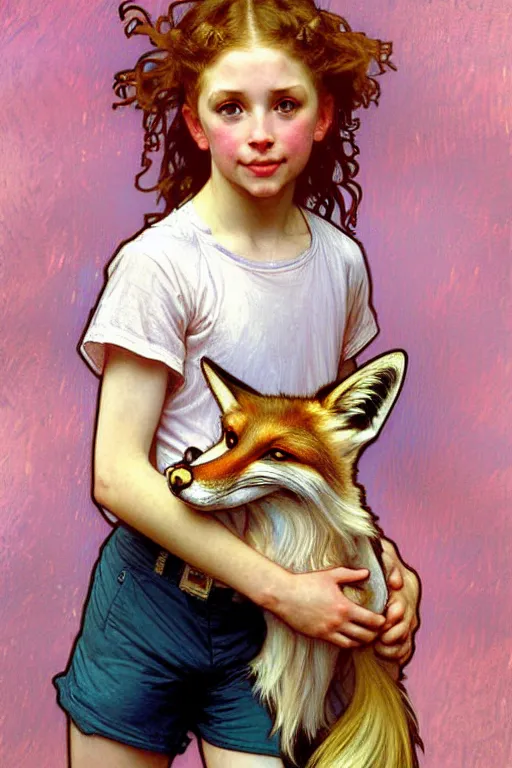 Image similar to a seven - year old freckle - faced girl with long curly dirty blonde hair, blue eyes, tan skin a pink tee shirt and shorts, playing with a fox, painting by daniel gerhartz, alphonse mucha, bouguereau, detailed art, artstation