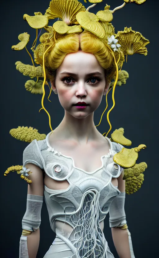 Prompt: intricate hyper detailed ultra sharp 3 d render of a beautiful porcelain doll portrait, medium shot portrait, bright light, alexandre ferra white mecha, cyberpunk mechanical haute couture flagella and fungi, magnolia goliath head ornaments, big embroidered leaves filigree sinuous roots, octane render, volumetric cinematic lighting, yellow, 8 k, vray tracing