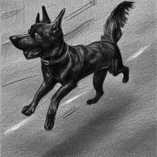 Image similar to a black tall surrealistic dog, running in the rain, summer day, everything is shining, surrealistic, sketch