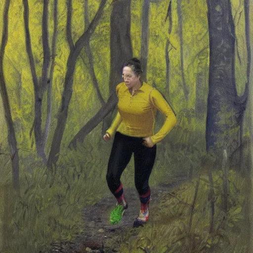 Image similar to a female orienteer wearing a yellow long - sleeved shirt and black tights runs in the forest, oil on canvas.