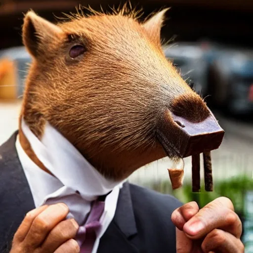 Image similar to smoking cigar, a man wearing a suit capybara head (smoking cigar)