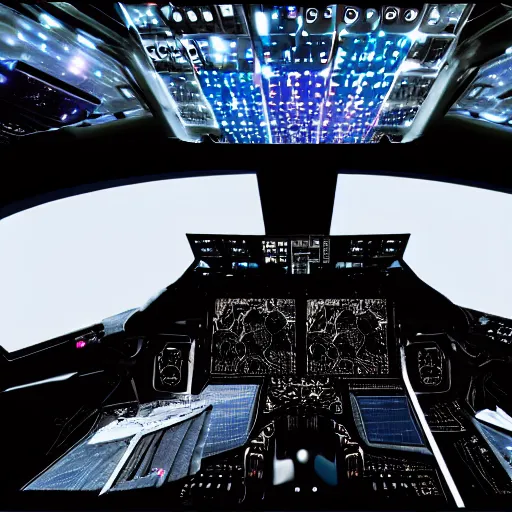 Prompt: cockpit of a spaceship with a large hexagon shaped window looking out over deep space nebulae, camera view from behind the pilot seat, lots of lights and screens and buttons and cables. Matte painting