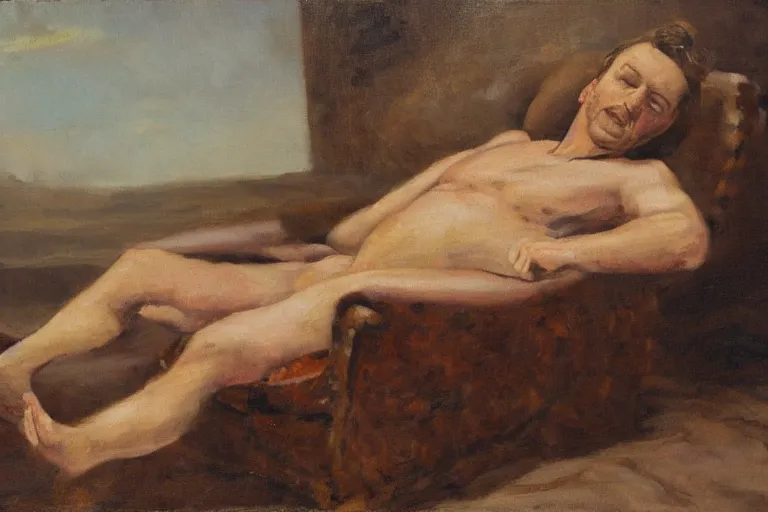 Image similar to a oil painting painting of a caucasian man wearing clothing relaxing on a brown reclined leather chair