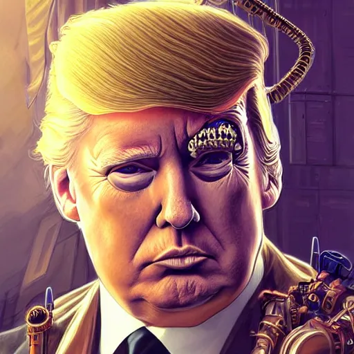 Image similar to donald trump as a steampunk cyborg, portrait, western, steampunk, duster, fantasy, intricate, elegant, highly detailed, digital painting, artstation, concept art, sharp focus, illustration, art by artgerm and greg rutkowski and alphonse mucha