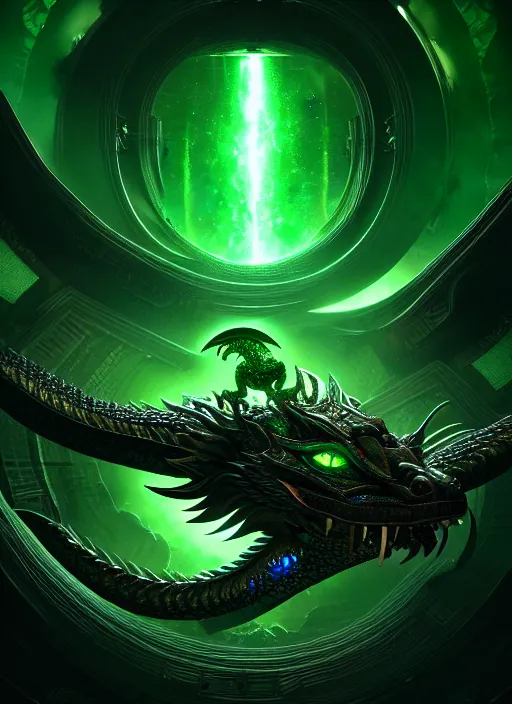 Image similar to portrait of the emerald dragon Ouroboros rotating around the core of the Universe + dim volumetric lighting, 8k octane beautifully detailed render, post-processing, extremely hyperdetailed, intricate, epic composition, grim yet sparkling atmosphere, cinematic lighting + masterpiece, trending on artstation