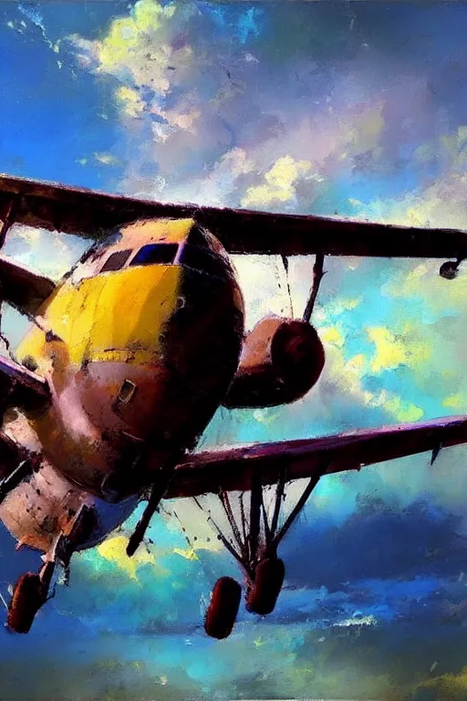 Prompt: abstract painting of an airplane on the bright sky, vivid colours by jeremy mann, hd