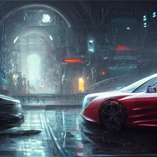 Image similar to full view of a car, intricate, elegant, highly detailed, digital painting, concept art, smooth, sharp focus, art style from Wang Ke and Greg Rutkowski and Bruce Kaiser and Scott Robertson and Dmitry Mazurkevich and Doruk Erdem and Jon Sibal, small hint of cyberpunk style