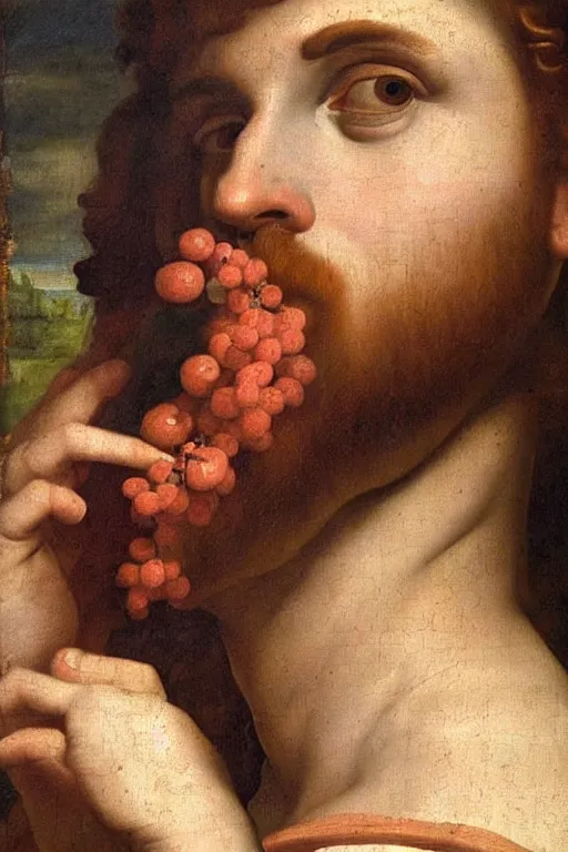 Image similar to renaissance painting of man, portrait, suspicious face closeup, emotions closeup, dressed in roman clothes, the beautiful garden with blueberries bushes everywhere, ultra detailed, art by guido reni style, vincenzo catena style