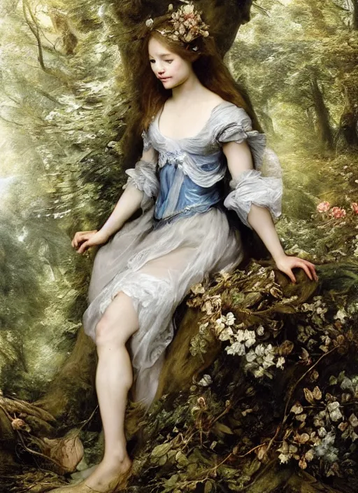 Image similar to barefoot Beautiful fairy teenager, Looks like Kristin Kreuk, In the woods, Dramatic, Edge, Good, Infused, Backlight, De-Noise, VFX, insanely detailed and intricate, hypermaximalist, elegant, ornate, hyper realistic, super detailed, by Anthony Van Dyck, by Ivan Shishkin, by John Constable