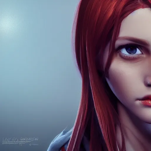 Image similar to beautiful girl her name was helga. she had red hair and green eyes and wanted to become a journalist when she grew up, beautiful portrait, symmetrical, character concept style trending on artstation concept art detailed octane render cinematic photo - realistic 8 k high detailed