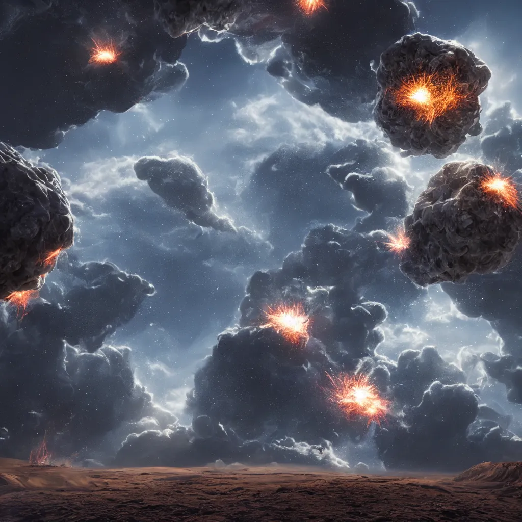 Image similar to An incredibly beautiful but ominous matte painting depicting meteorites destroying a planet, nvidia, vray, evening, epic scale, octanerender