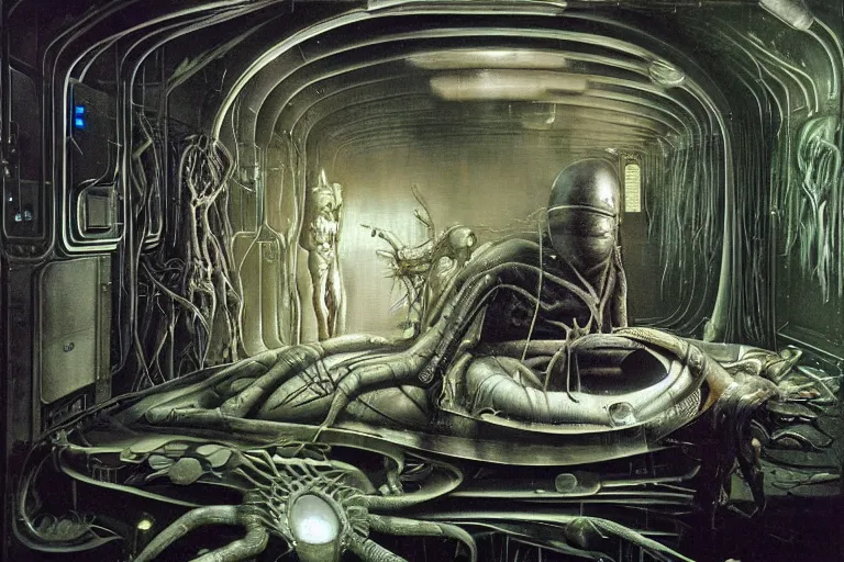 Image similar to the birth of the cyborg sleeping chambre / artificial womb by hr giger. hedonic imperative expressed as a pan - species techno - utopia imagined by jim burns and james gurney, wayne barlowe,. masterpiece scifi artwork, retro, trending on artstation, 8 k