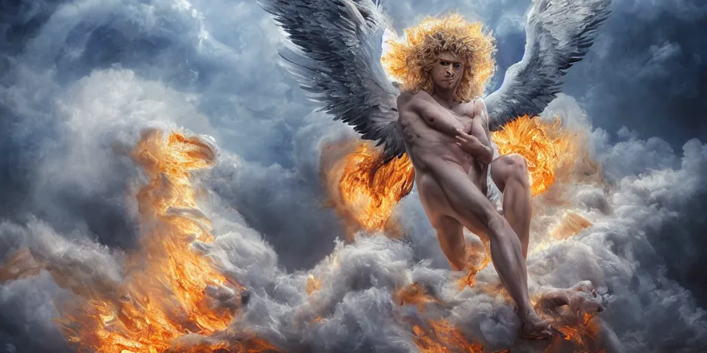 Image similar to oil painting of a wrathful archangel Michael with fluffy blond curls of hair and piercing eyes, with scintillating holy radiance and luminous eyes, against a hellish flaming battlefield and a lot of smoke, darkart, hyperdetailed, hyperealistic, cinematography, 16k, 3D, Artstation, Deviantart, very beautiful