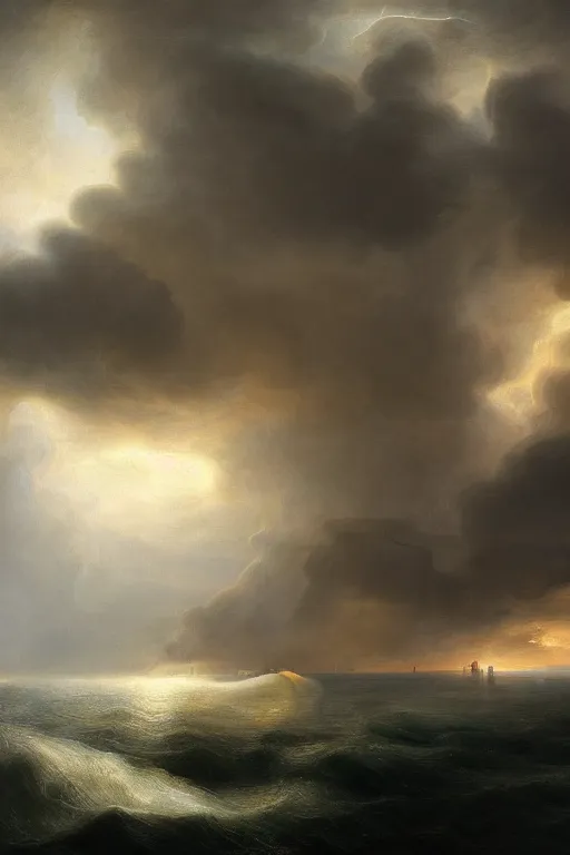 Prompt: the storm on the sea of galilee, oil - on - canvas painting, close - up, elegant, volumetric lighting, scenery, digital painting, highly detailed, artstation, sharp focus, illustration, concept art, by rembrandt van rijn, futuristic