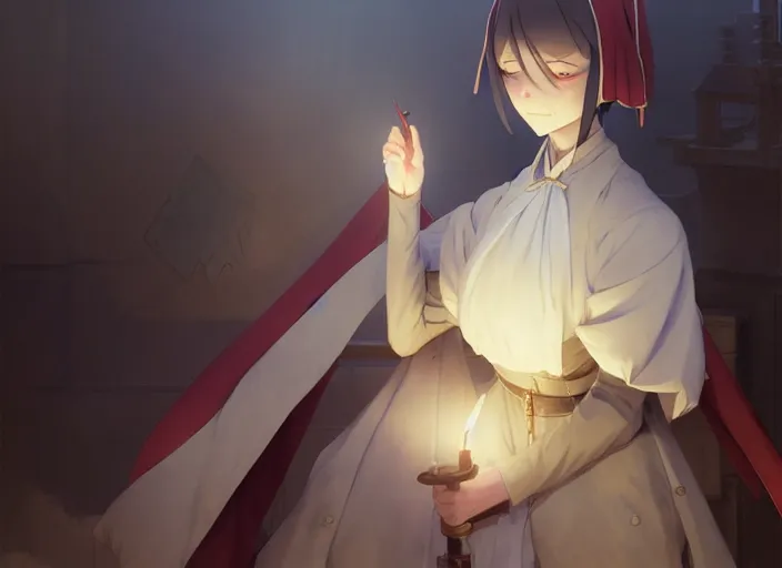 Prompt: florence nightingale, crimean war hospital, 1 8 5 4, delicate features finely detailed perfect art, gapmoe yandere grimdark, trending on pixiv fanbox, painted by greg rutkowski makoto shinkai takashi takeuchi studio ghibli