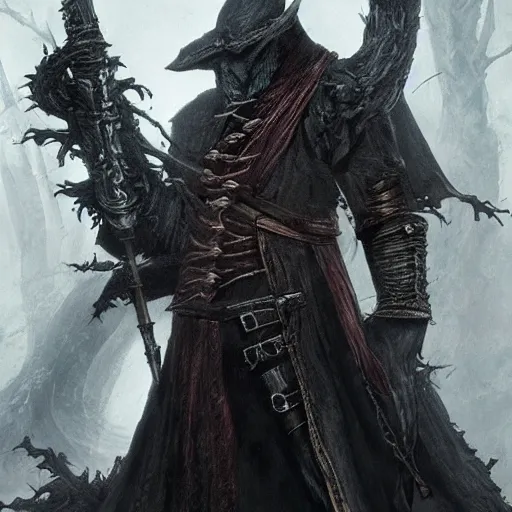 Prompt: Bloodborne Hunter wizard communing with a Great Old One. Dark. Detailed. Concept Art