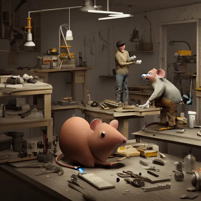 Prompt: gritty crew of workers building mouse head in small workshop, octane render, 4 k ultra hd, hyper - detailed, realistic, sharp focus, in style of beeple