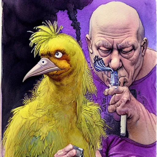 Image similar to a realistic and atmospheric watercolour fantasy character concept art portrait of big bird with pink eyes wearing a wife beater and smoking a huge blunt by rebecca guay, michael kaluta, charles vess and jean moebius giraud