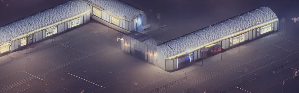 Image similar to an immaculate isometric octane redshift rendering of a futuristic train station at night in the fog. ambient occlusion. volumetric lighting.