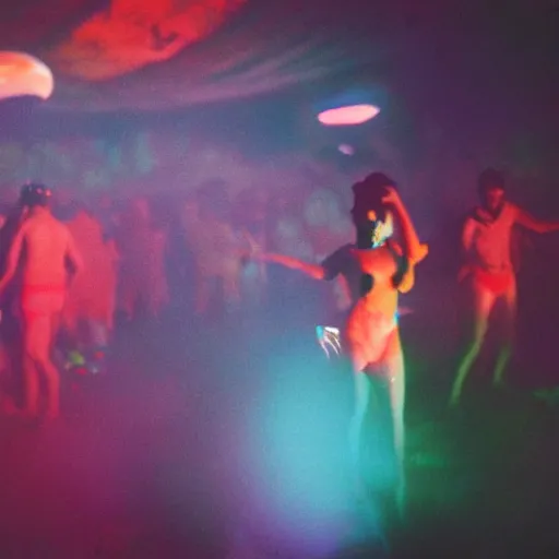 Prompt: incredible landscape photograph of a rave on Jupiter attended by 1980s humanoid aliens, pensive dancing, kodak portra 800, grainy photograph, award winning portrait photography