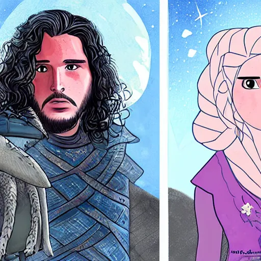 Prompt: beautiful digital painting of Clangers british characters as jon snow and daenerys in game of thrones