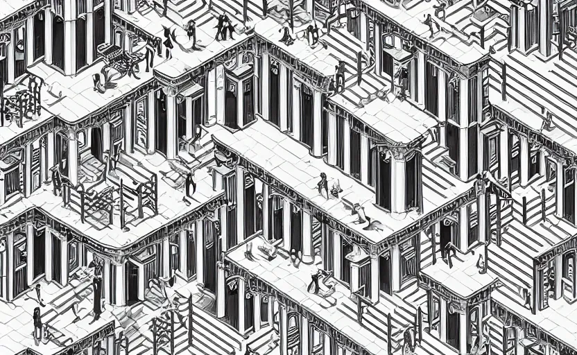 Image similar to Greek Keys, Computers and Staircases isometric wonderland viewscape labyrinthe B&W by MC Escher