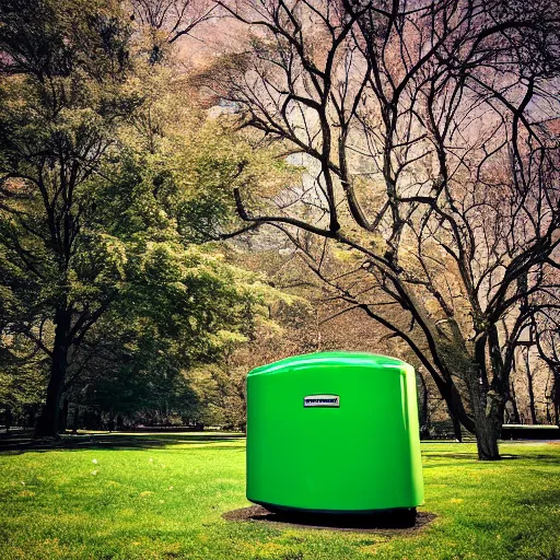 Image similar to green refrigerator on a leash in central park