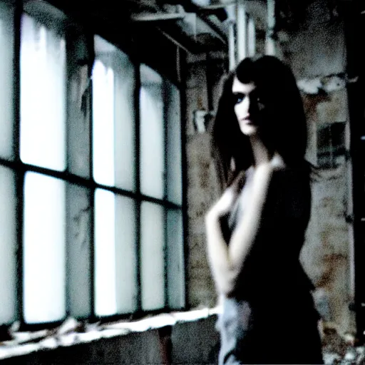 Prompt: runaway beautiful supermodel replicant looking out the window in a dirty abandoned factory, still from closed circuit tv footage, high angle