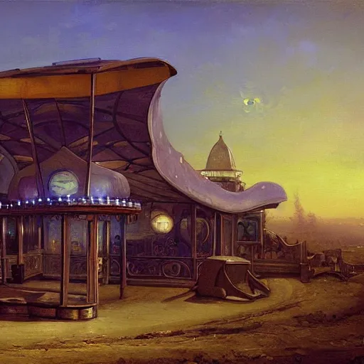 Prompt: painting of artgem artlilery scifi organic shaped gas station with ornate metal work lands on a farm, fossil ornaments, volumetric lights, purple sun, andreas achenbach