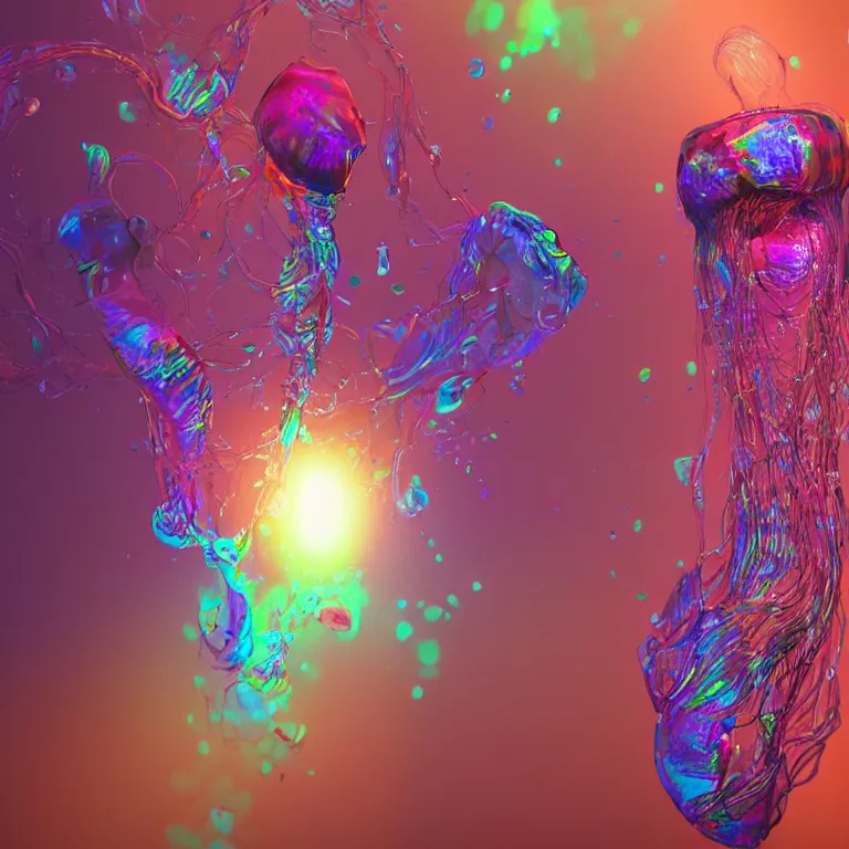 Prompt: octane render portrait by wayne barlow and carlo crivelli and glenn fabry, beautiful hypnotic colorful blobs of paint suspended in oil, strange jellyfish made out of iridescent plastic, backlit, dramatic lighting, fog and mist, cinema 4 d, ray traced lighting, very short depth of field, bokeh