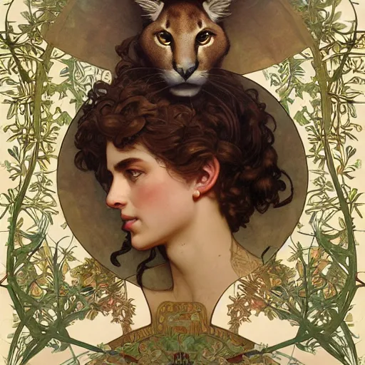 Prompt: laurel wreath lying on top of a cute fluffy caracal head, laurel wreath on his head, 8 k, alphonse mucha, james gurney, greg rutkowski, john howe, artstation