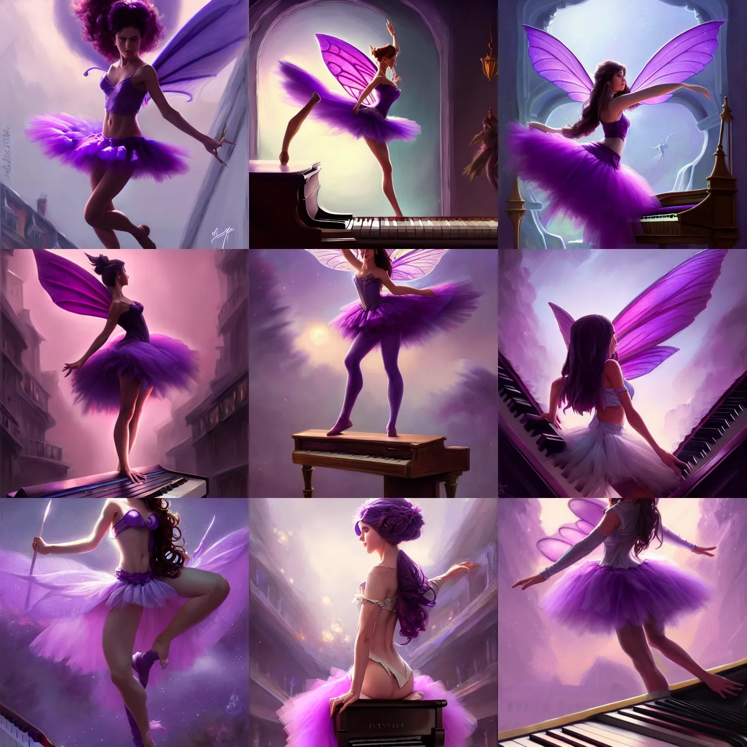 Prompt: fantasy, standing on top of a piano, d & d, wearing purple romantic tutu, art by artgerm and greg rutkowski and magali villeneuve, illustration, brunette fairy woman stretching, highly detailed, trending on artstation, sharp focus, concept art, digital painting