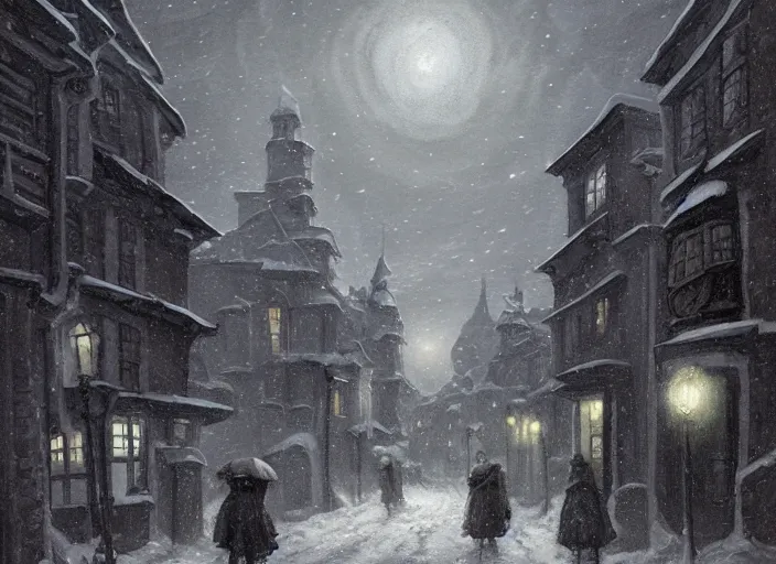 Prompt: a night scene of a snowy town street with cthulhu, a detailed matte painting by anton pieck, deviantart contest winner, fantasy art, concept art, official art, matte drawing