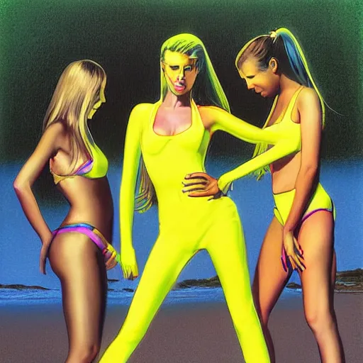 Prompt: neon yellow by peter elson calm. the photograph is a beautiful work of art. the three graces are depicted as beautiful young women, each with their own unique charms. the photograph is full of color & life, & the women seem to radiate happiness & joy.