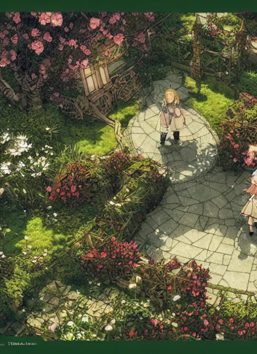 Prompt: the emerald herald in the garden, hidari, color page, tankoban, 4K, tone mapping, Akihiko Yoshida