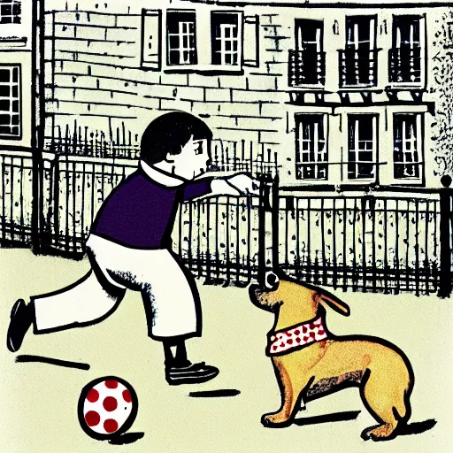 Image similar to illustration of french boy on the streets of paris playing football against a corgi, the dog is wearing a polka dot scarf, comic, 1 9 7 2