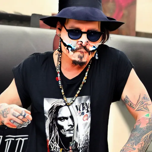 Image similar to johnny depp with a cool t - shirt that says comicsgate